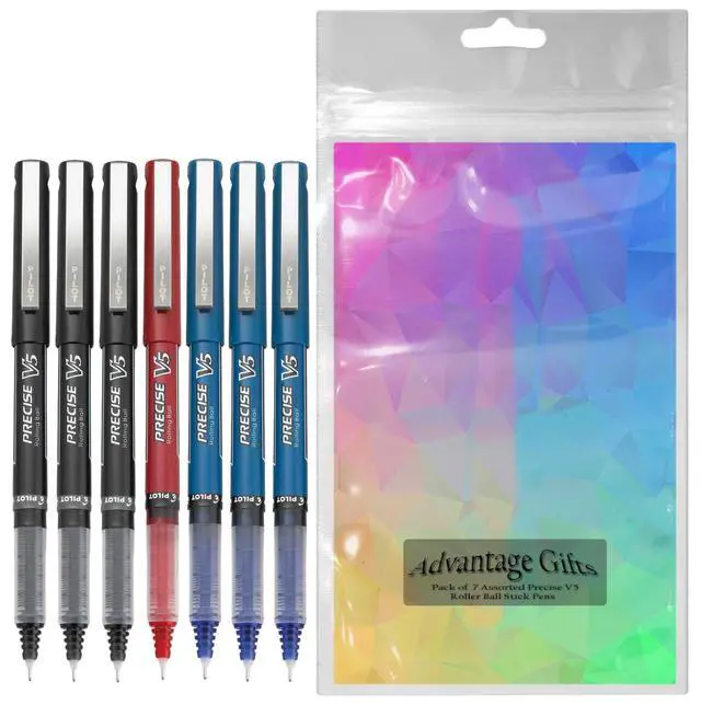 Alt view image 2 of 7 - Precise V5 Stick Rolling Ball Pens, Extra Fine Point (.5mm), Assorted Colors Black/Blue/Red Ink, 7-pk