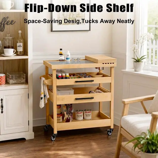 Alt view image 3 of 7 - Solid Beech Wood Art Cart, Artist Taboret with Tempered Glass Palette | 2 drawers,2 rinse cups, brush rest, adjustable dividers, towel bar and locking casters keep studio supplies organized