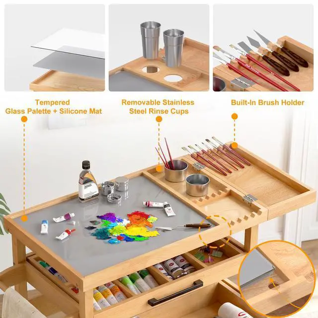 Alt view image 4 of 7 - Solid Beech Wood Art Cart, Artist Taboret with Tempered Glass Palette | 2 drawers,2 rinse cups, brush rest, adjustable dividers, towel bar and locking casters keep studio supplies organized