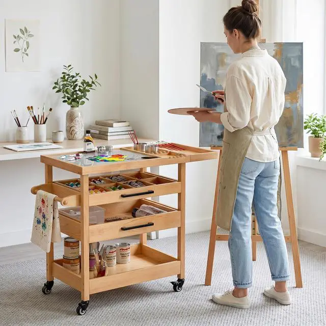 Alt view image 2 of 7 - Solid Beech Wood Art Cart, Artist Taboret with Tempered Glass Palette | 2 drawers,2 rinse cups, brush rest, adjustable dividers, towel bar and locking casters keep studio supplies organized