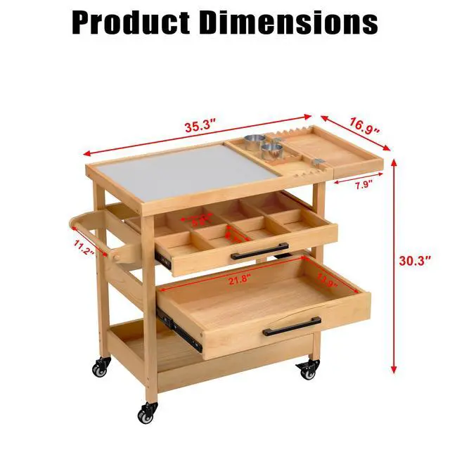 Alt view image 6 of 7 - Solid Beech Wood Art Cart, Artist Taboret with Tempered Glass Palette | 2 drawers,2 rinse cups, brush rest, adjustable dividers, towel bar and locking casters keep studio supplies organized