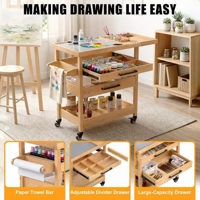 Alt view image 5 of 7 - Solid Beech Wood Art Cart, Artist Taboret with Tempered Glass Palette | 2 drawers,2 rinse cups, brush rest, adjustable dividers, towel bar and locking casters keep studio supplies organized