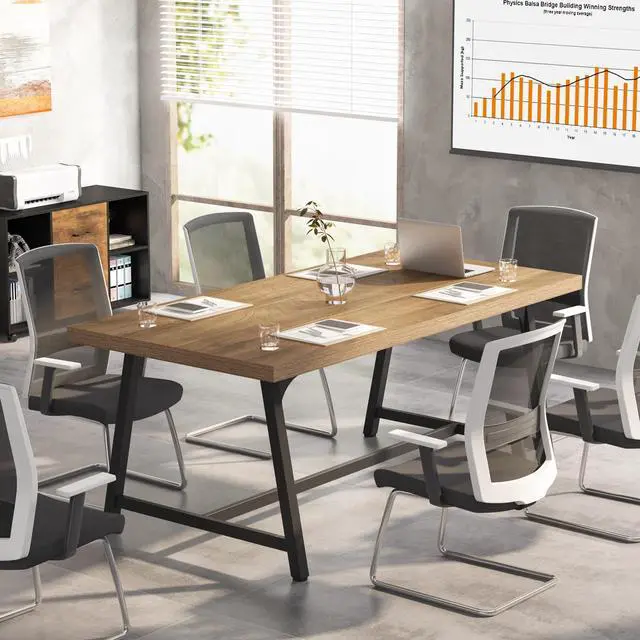 Alt view image 3 of 7 - 6FT Rectangle Conference Table, 70.87L x 33.46W x 29.92H Inches Meeting Table for Conference Room, Wood Office Executive Desk with Strong Metal Frame for 6 People, Yellow Brown