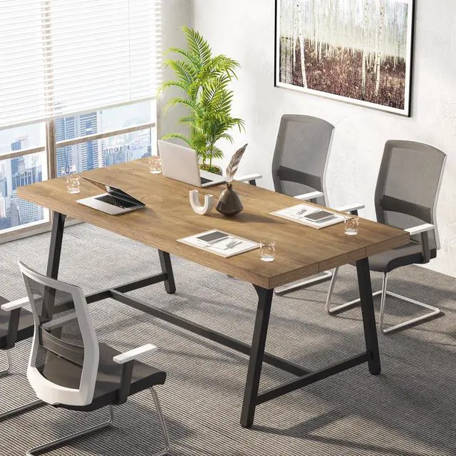 Main image of 6FT Rectangle Conference Table, 70.87L x 33.46W x 29.92H Inches Meeting Table for Conference Room, Wood Office Executive Desk with Strong Metal Frame for 6 People, Yellow Brown