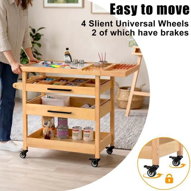Alt view image 7 of 7 - Solid Beech Wood Art Cart, Artist Taboret with Tempered Glass Palette | 2 drawers,2 rinse cups, brush rest, adjustable dividers, towel bar and locking casters keep studio supplies organized