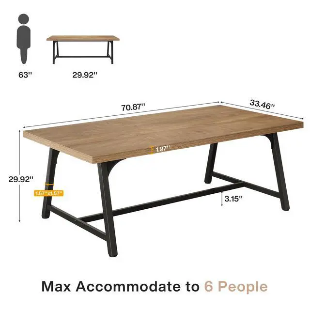 Alt view image 2 of 7 - 6FT Rectangle Conference Table, 70.87L x 33.46W x 29.92H Inches Meeting Table for Conference Room, Wood Office Executive Desk with Strong Metal Frame for 6 People, Yellow Brown