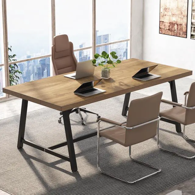 Alt view image 4 of 7 - 6FT Rectangle Conference Table, 70.87L x 33.46W x 29.92H Inches Meeting Table for Conference Room, Wood Office Executive Desk with Strong Metal Frame for 6 People, Yellow Brown