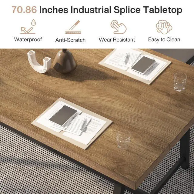 Alt view image 6 of 7 - 6FT Rectangle Conference Table, 70.87L x 33.46W x 29.92H Inches Meeting Table for Conference Room, Wood Office Executive Desk with Strong Metal Frame for 6 People, Yellow Brown