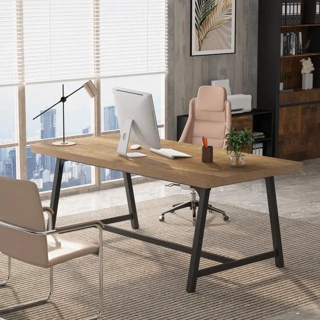 Alt view image 7 of 7 - 6FT Rectangle Conference Table, 70.87L x 33.46W x 29.92H Inches Meeting Table for Conference Room, Wood Office Executive Desk with Strong Metal Frame for 6 People, Yellow Brown