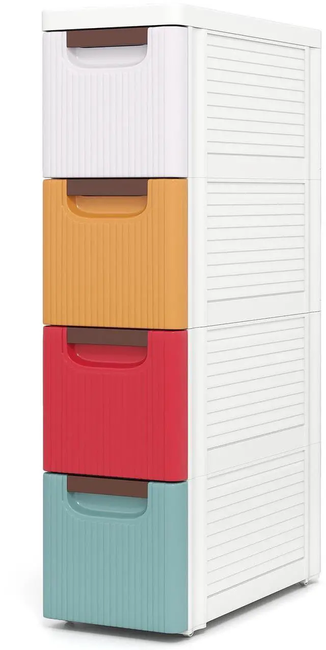 Main image of 4 Drawers Storage Cart, Narrow Plastic Dresser, Rolling Organizer Cart for Office Classroom Bedroom Bathroom Art Craft Supplies, Mobile Slim Utility Cart on Wheels, Multicolor