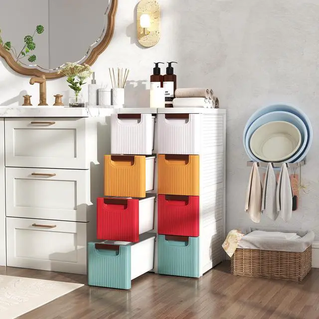 Alt view image 4 of 7 - 4 Drawers Storage Cart, Narrow Plastic Dresser, Rolling Organizer Cart for Office Classroom Bedroom Bathroom Art Craft Supplies, Mobile Slim Utility Cart on Wheels, Multicolor