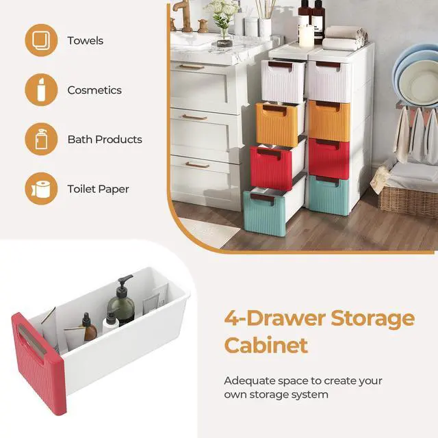 Alt view image 6 of 7 - 4 Drawers Storage Cart, Narrow Plastic Dresser, Rolling Organizer Cart for Office Classroom Bedroom Bathroom Art Craft Supplies, Mobile Slim Utility Cart on Wheels, Multicolor