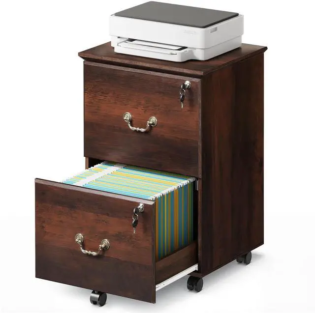 Main image of 2 Drawer File Cabinet, Mobile File Cabinet with Lock, Brown Oak | Wood Filing Cabinet for Under Desk for Home Office, Rolling Printer Stand for Office Storage, 360° Lockable Casters