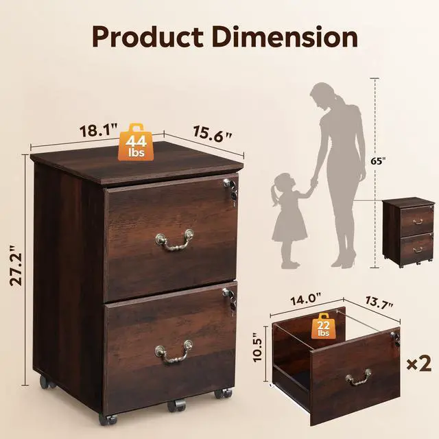 Alt view image 2 of 7 - 2 Drawer File Cabinet, Mobile File Cabinet with Lock, Brown Oak | Wood Filing Cabinet for Under Desk for Home Office, Rolling Printer Stand for Office Storage, 360° Lockable Casters