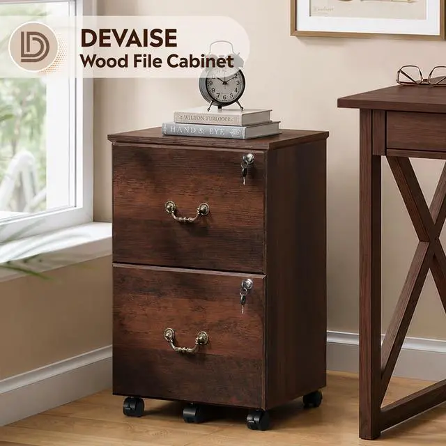 Alt view image 3 of 7 - 2 Drawer File Cabinet, Mobile File Cabinet with Lock, Brown Oak | Wood Filing Cabinet for Under Desk for Home Office, Rolling Printer Stand for Office Storage, 360° Lockable Casters