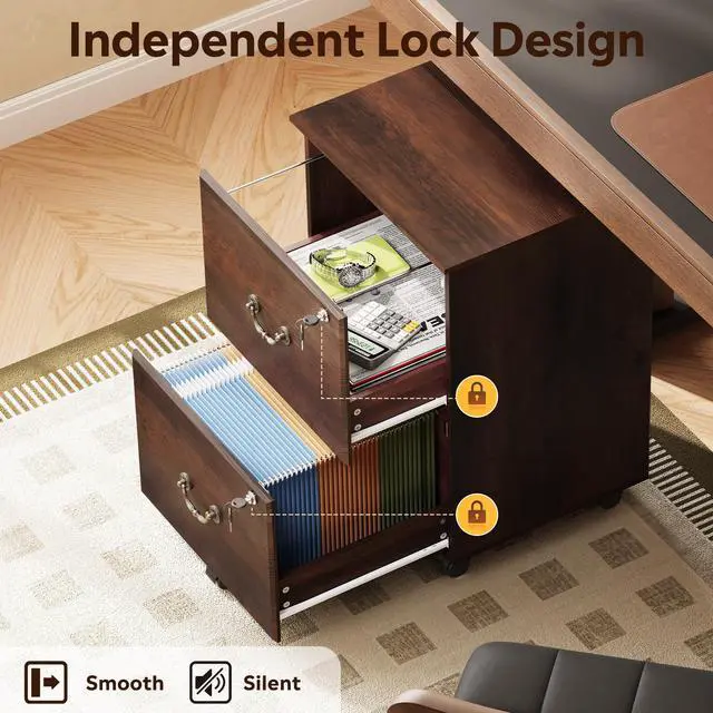 Alt view image 5 of 7 - 2 Drawer File Cabinet, Mobile File Cabinet with Lock, Brown Oak | Wood Filing Cabinet for Under Desk for Home Office, Rolling Printer Stand for Office Storage, 360° Lockable Casters