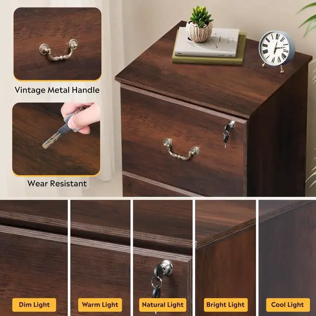 Alt view image 6 of 7 - 2 Drawer File Cabinet, Mobile File Cabinet with Lock, Brown Oak | Wood Filing Cabinet for Under Desk for Home Office, Rolling Printer Stand for Office Storage, 360° Lockable Casters