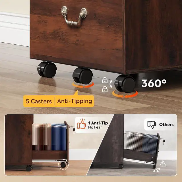 Alt view image 7 of 7 - 2 Drawer File Cabinet, Mobile File Cabinet with Lock, Brown Oak | Wood Filing Cabinet for Under Desk for Home Office, Rolling Printer Stand for Office Storage, 360° Lockable Casters