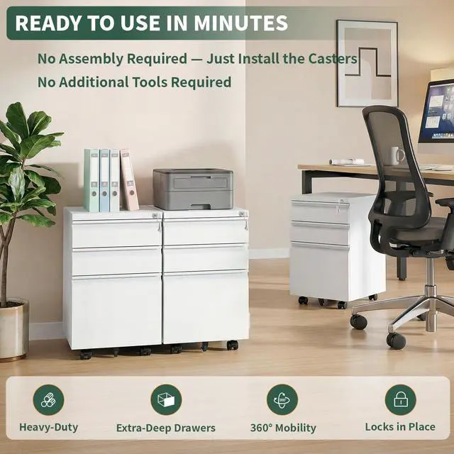 Alt view image 3 of 7 - Small File Cabinet for Home Office,Metal Mobile Filing Cabinet | Fully Assembled,Under Desk,Rolling,Central Locking System,3 Drawer,Pencil Tray,Hanging File Bar,Anti-Tipping Caster
