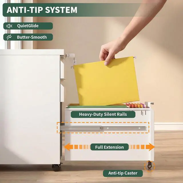 Alt view image 4 of 7 - Small File Cabinet for Home Office,Metal Mobile Filing Cabinet | Fully Assembled,Under Desk,Rolling,Central Locking System,3 Drawer,Pencil Tray,Hanging File Bar,Anti-Tipping Caster