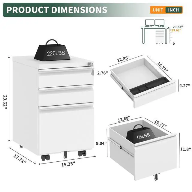 Alt view image 2 of 7 - Small File Cabinet for Home Office,Metal Mobile Filing Cabinet | Fully Assembled,Under Desk,Rolling,Central Locking System,3 Drawer,Pencil Tray,Hanging File Bar,Anti-Tipping Caster