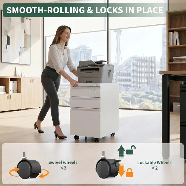 Alt view image 5 of 7 - Small File Cabinet for Home Office,Metal Mobile Filing Cabinet | Fully Assembled,Under Desk,Rolling,Central Locking System,3 Drawer,Pencil Tray,Hanging File Bar,Anti-Tipping Caster