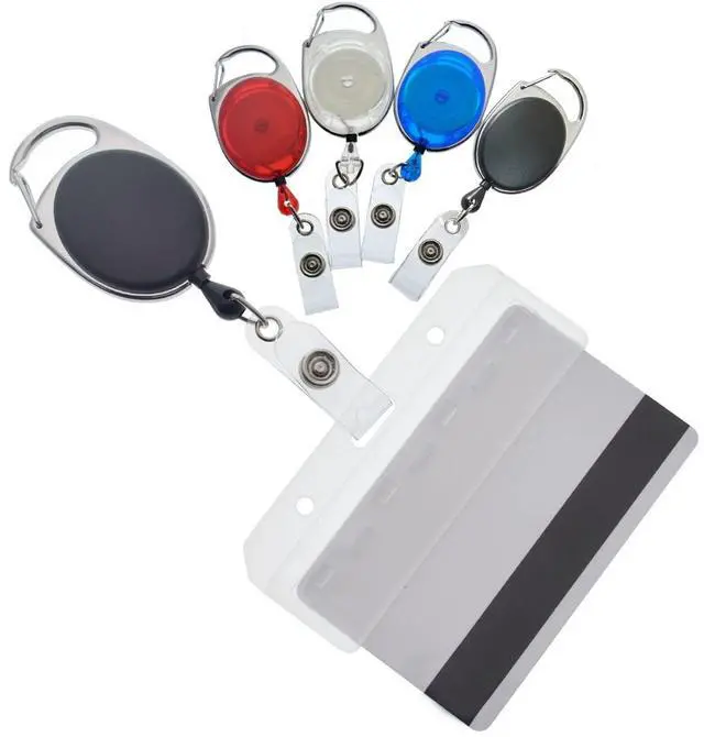 Main image of Bulk 25 Pack - Premium Carabiner Badge Reel with Half Card Holder - Mag Stripe Exposed ID Holder for Swipe Cards Access Control POS Retractable by (Assorted Colors)