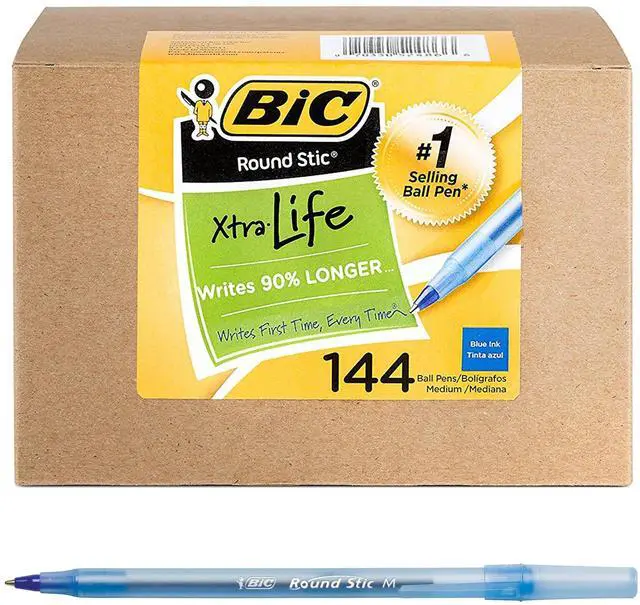 Main image of Round Stic Xtra Life Ballpoint Pen, Medium Point (1.0mm), Blue, Flexible Round Barrel For Writing Comfort, 144-Count