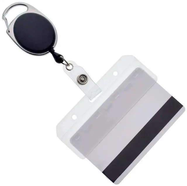 Main image of Bulk 25 Pack - Premium Carabiner Badge Reel with Half Card Holder - Mag Stripe Exposed ID Holder for Swipe Cards Access Control POS Retractable by (Black)