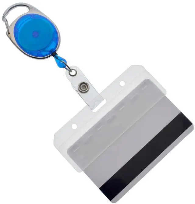 Main image of Bulk 25 Pack - Premium Carabiner Badge Reel with Half Card Holder - Mag Stripe Exposed ID Holder for Swipe Cards Access Control POS Retractable by (Blue)