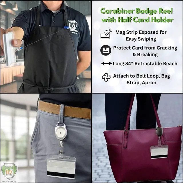 Alt view image 3 of 7 - Bulk 25 Pack - Premium Carabiner Badge Reel with Half Card Holder - Mag Stripe Exposed ID Holder for Swipe Cards Access Control POS Retractable by (Assorted Colors)