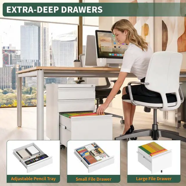 Alt view image 6 of 7 - Small File Cabinet for Home Office,Metal Mobile Filing Cabinet | Fully Assembled,Under Desk,Rolling,Central Locking System,3 Drawer,Pencil Tray,Hanging File Bar,Anti-Tipping Caster