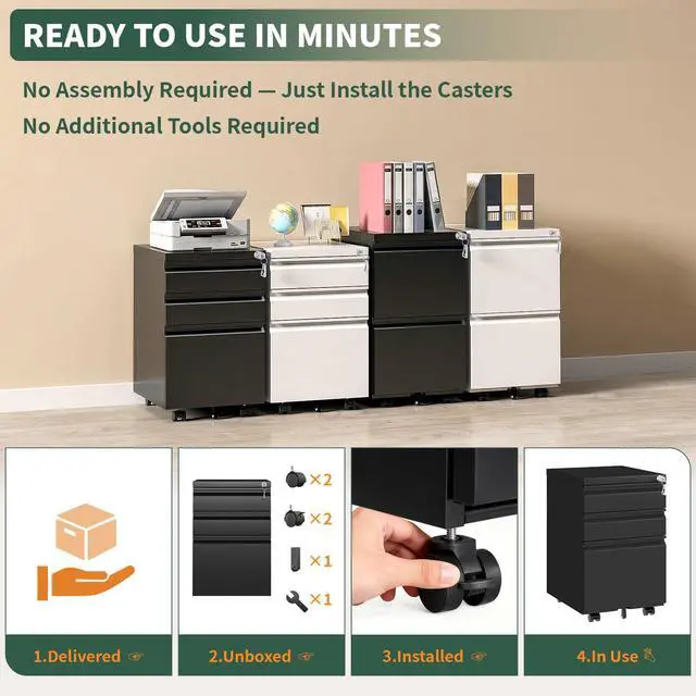 Alt view image 7 of 7 - Small File Cabinet for Home Office,Metal Mobile Filing Cabinet | Fully Assembled,Under Desk,Rolling,Central Locking System,3 Drawer,Pencil Tray,Hanging File Bar,Anti-Tipping Caster