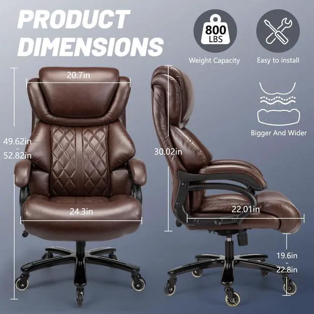 Alt view image 2 of 7 - Big and Tall Office Chair 800lbs- High Back Executive Computer Chair for Heavy People with Adjustable Lumbar Support and Quiet Wheels- Large Desk Chair for Home Office