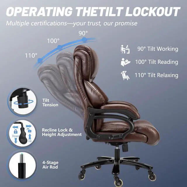 Alt view image 6 of 7 - Big and Tall Office Chair 800lbs- High Back Executive Computer Chair for Heavy People with Adjustable Lumbar Support and Quiet Wheels- Large Desk Chair for Home Office