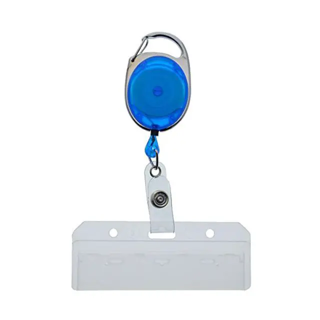 Alt view image 6 of 7 - Bulk 25 Pack - Premium Carabiner Badge Reel with Half Card Holder - Mag Stripe Exposed ID Holder for Swipe Cards Access Control POS Retractable by (Blue)