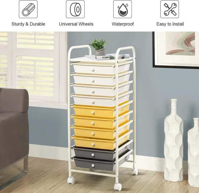 Alt view image 2 of 5 - 10-Drawer Storage Cart, Utility Cart with Removable Drawers & Metal Frame, Rolling Storage Cart with Lockable Wheels for Home, Office, Yellow