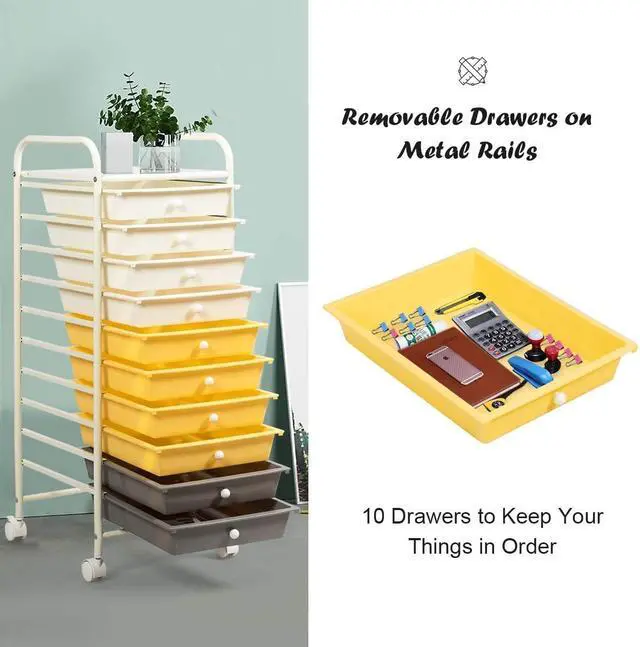 Alt view image 3 of 5 - 10-Drawer Storage Cart, Utility Cart with Removable Drawers & Metal Frame, Rolling Storage Cart with Lockable Wheels for Home, Office, Yellow