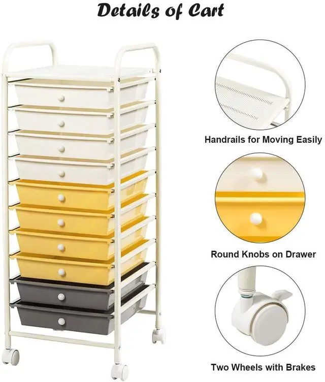Alt view image 4 of 5 - 10-Drawer Storage Cart, Utility Cart with Removable Drawers & Metal Frame, Rolling Storage Cart with Lockable Wheels for Home, Office, Yellow
