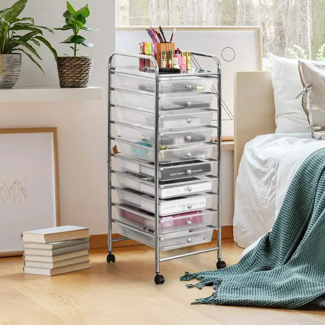 Alt view image 2 of 7 - 10-Drawer Storage Cart, Utility Cart with Removable Drawers & Metal Frame, Rolling Storage Cart with Lockable Wheels for Home, Office, Clear