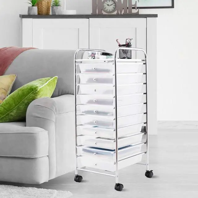 Alt view image 4 of 7 - 10-Drawer Storage Cart, Utility Cart with Removable Drawers & Metal Frame, Rolling Storage Cart with Lockable Wheels for Home, Office, Clear