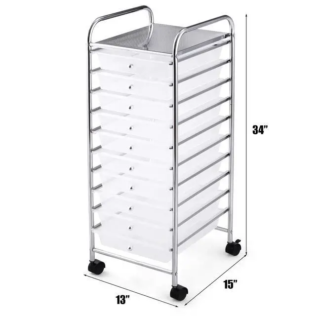 Alt view image 3 of 7 - 10-Drawer Storage Cart, Utility Cart with Removable Drawers & Metal Frame, Rolling Storage Cart with Lockable Wheels for Home, Office, Clear