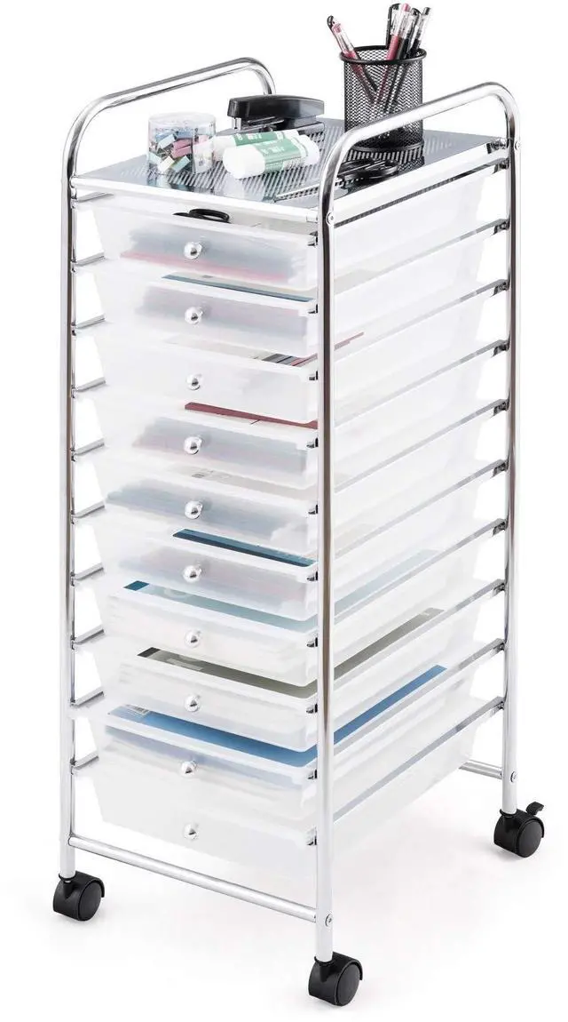 Main image of 10-Drawer Storage Cart, Utility Cart with Removable Drawers & Metal Frame, Rolling Storage Cart with Lockable Wheels for Home, Office, Clear