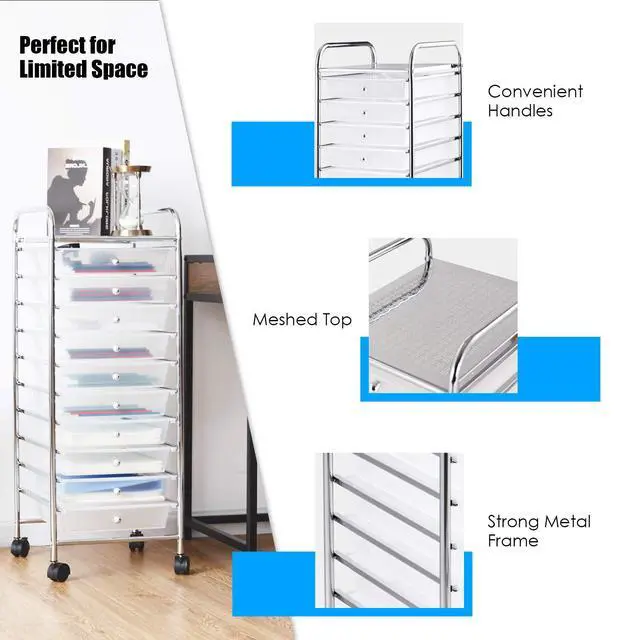 Alt view image 6 of 7 - 10-Drawer Storage Cart, Utility Cart with Removable Drawers & Metal Frame, Rolling Storage Cart with Lockable Wheels for Home, Office, Clear