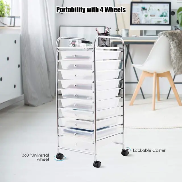 Alt view image 5 of 7 - 10-Drawer Storage Cart, Utility Cart with Removable Drawers & Metal Frame, Rolling Storage Cart with Lockable Wheels for Home, Office, Clear