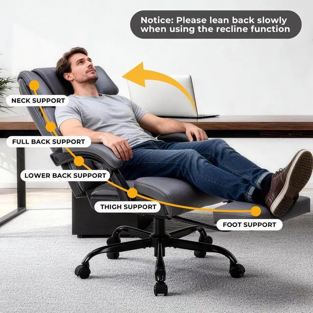 Alt view image 7 of 7 - Massage Office Chair with Foot Rest and Heating, Executive Ergonomic Reclining Leather Office Chair, Big and Tall Desk Chair with Vibration Massager, Computer Gaming Chair for Home & Office Gray