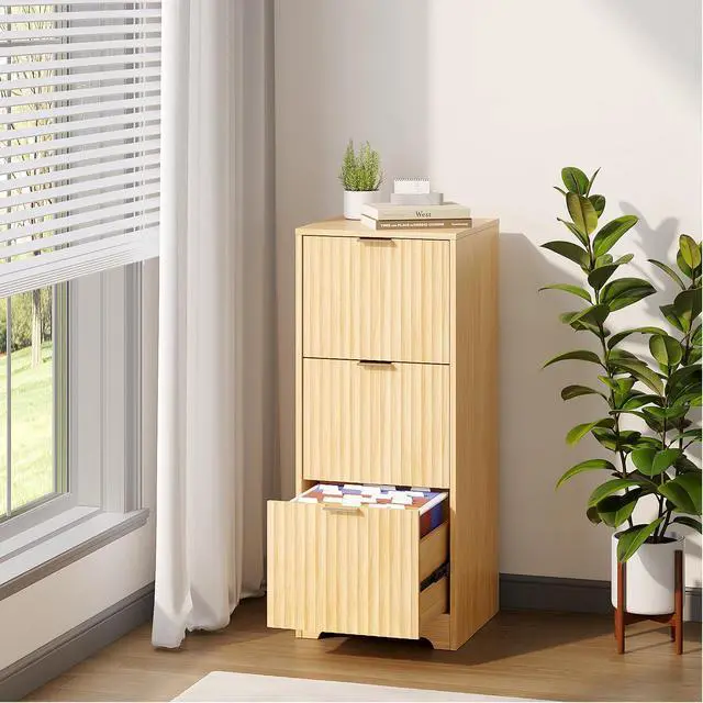Alt view image 2 of 7 - Tall 3 Drawer File Cabinet, Home Office Filing Organizer, for Letter Size File Folder Storage, Modern Style Fluted Design, Wood Vertical Filing Cabinet, Printer Stand, Archivador (Oak)