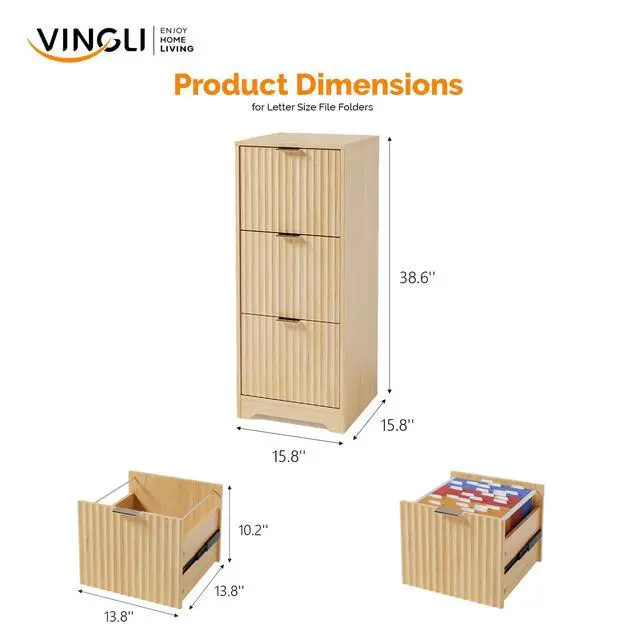 Alt view image 3 of 7 - Tall 3 Drawer File Cabinet, Home Office Filing Organizer, for Letter Size File Folder Storage, Modern Style Fluted Design, Wood Vertical Filing Cabinet, Printer Stand, Archivador (Oak)