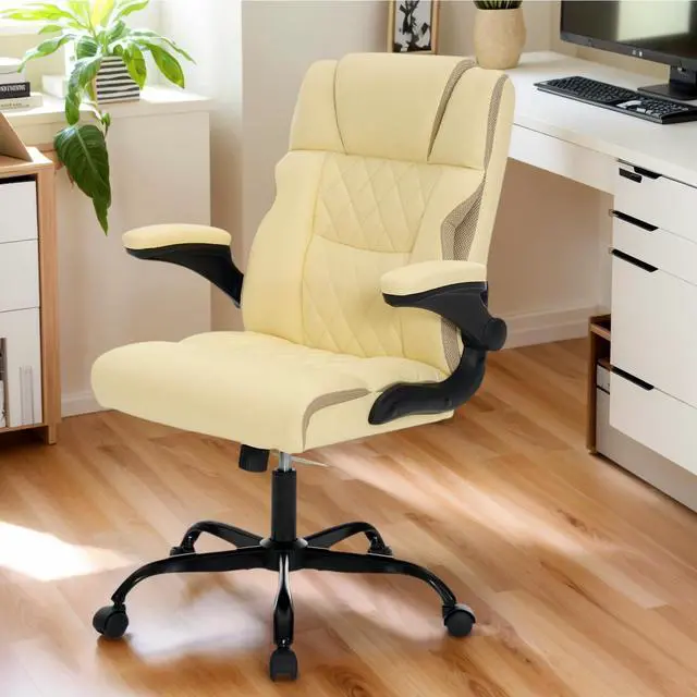 Alt view image 2 of 7 - Ergonomic Office Chair, Executive Desk Chair with Flip-up Armrest, Swivel Computer Task Chair with Wheels for Home Office, Small Gaming Chair with Adjustable Rocking Function, Beige