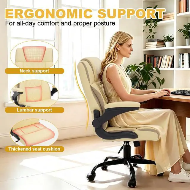 Alt view image 4 of 7 - Ergonomic Office Chair, Executive Desk Chair with Flip-up Armrest, Swivel Computer Task Chair with Wheels for Home Office, Small Gaming Chair with Adjustable Rocking Function, Beige